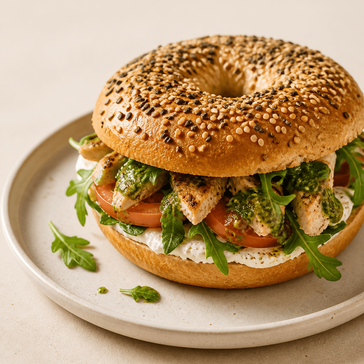 Bagel med kylling, salat, tomat og pesto
